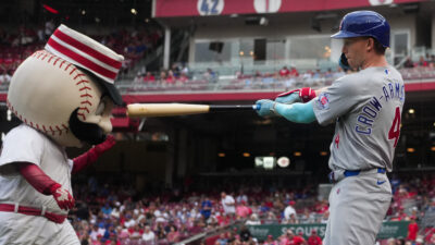 Sep 18, 2026; Cincinnati, Ohio, USA; Chicago Cubs outfielder Pete Crow-Armstrong (4) takes a practice swing as he waits on deck to bat before the game against the Cincinnati Reds at Great American Ball Park.