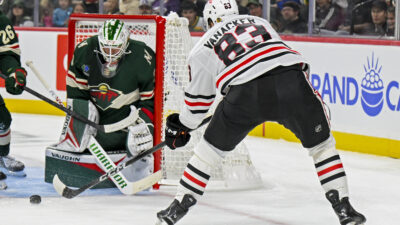 Sep 19, 2026; Saint Paul, Minnesota, USA; Minnesota Wild goalie Calvin Pickard (31) makes a save on Chicago Blackhawks forward Marek Vanacker (83) during the first period at Grand Casino Arena.