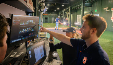 Students and Professor Gretchen Oliver analyze video inside the lab at Plainsman Park.