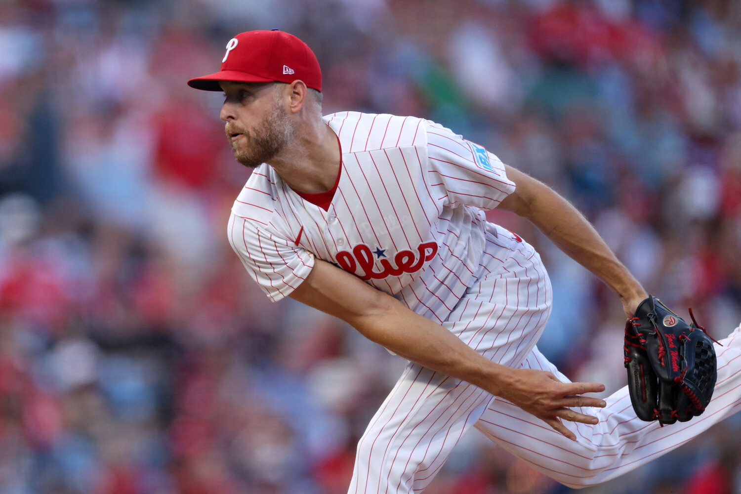 Philadelphia Phillies pitcher Zack Wheeler (45) throws a pitch against the Atlanta Braves during the first inning at Citizens Bank Park.