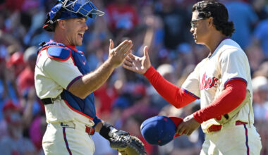 Philadelphia Phillies catcher J.T. Realmuto (10) and pitcher Jes&uacute;s Luzardo (44) celebrate win against the Atlanta Braves at Citizens Bank Park.