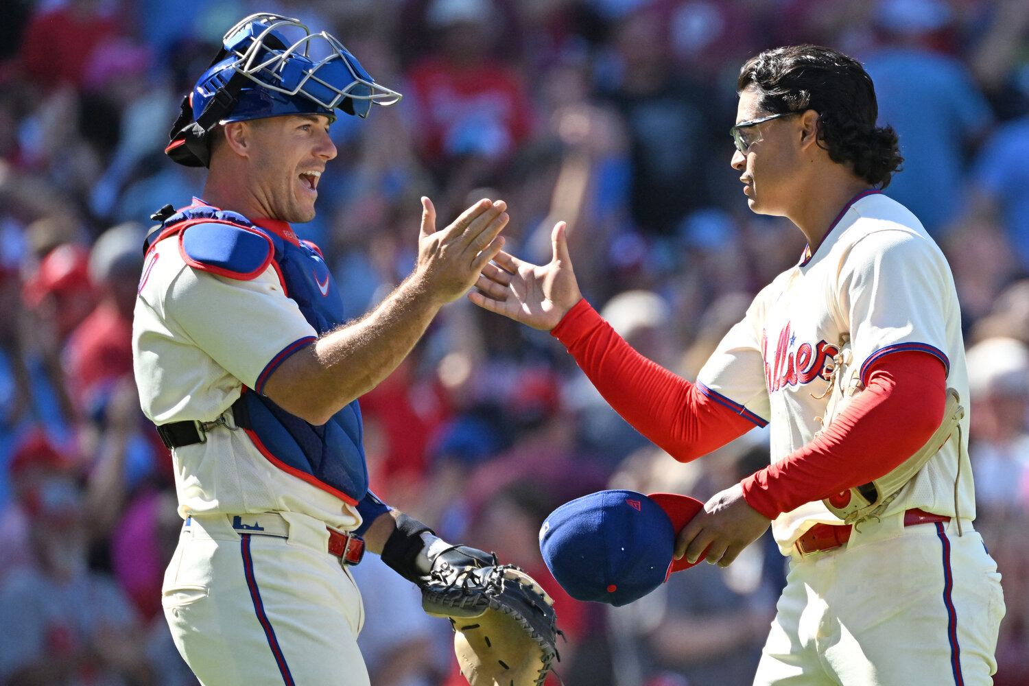 Philadelphia Phillies catcher J.T. Realmuto (10) and pitcher Jes&uacute;s Luzardo (44) celebrate win against the Atlanta Braves at Citizens Bank Park.