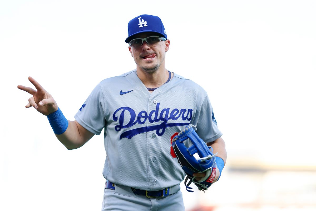 Enrique Hernandez #8 of the Los Angeles Dodgers gestures against the Cincinnati Reds at Great American Ball Park on September 16, 2026 in Cincinnati, Ohio.
