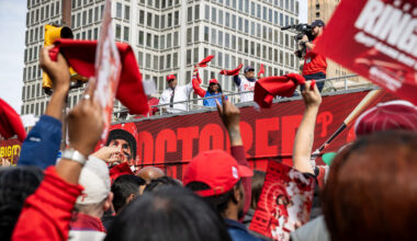 The Rally for Red October Bus Tour stops at City Hall on Tuesday, Sept. 29, 2026.