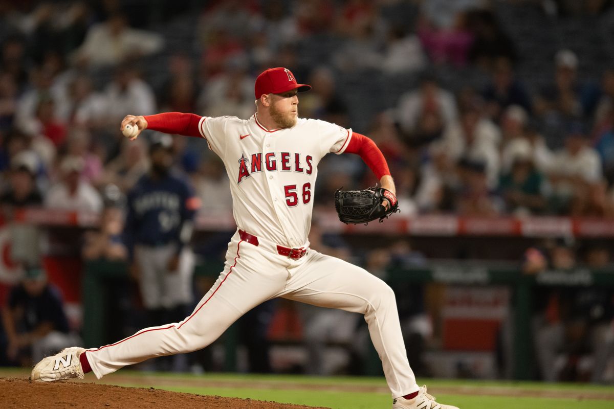 Los Angeles Angels right-handed pitcher Ryan Zeferjahn (56) throws a pitch during an MLB match between Seattle Mariners and Los Angeles Angels on Monday, September 14, 2026 at Angel Stadium in Anaheim, California. Los Angeles Angels right-handed pitcher Ryan Zeferjahn (56) throws a pitch during an MLB match between Seattle Mariners and Los Angeles Angels on Monday, September 14, 2026 at Angel Stadium in Anaheim, California.