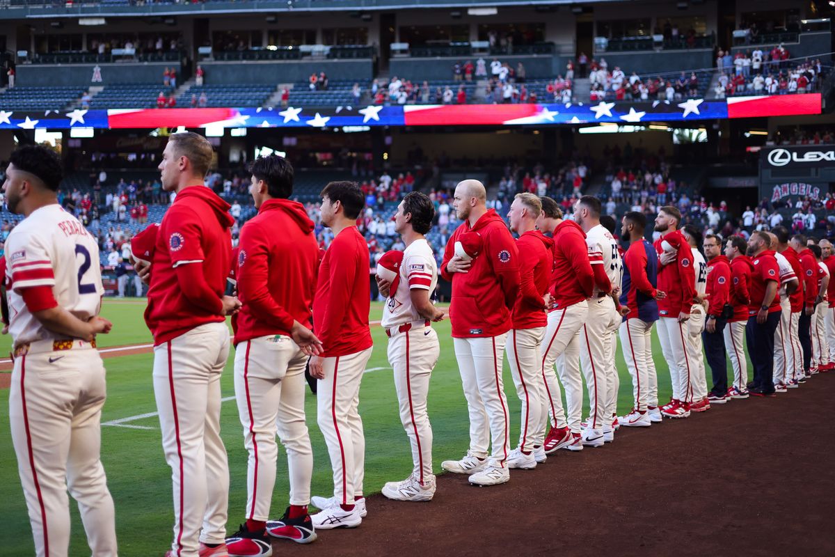 Los Angeles Angels stand for the national anthem before the MLB game against the Seattle Mariners Tuesday September 15th, 2026 at Angel Stadium in Anaheim, Calif. Los Angeles Angels stand for the national anthem before the MLB game against the Seattle Mariners Tuesday September 15th, 2026 at Angel Stadium in Anaheim, Calif.
