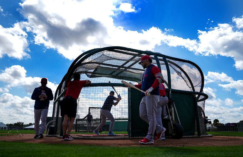 Fort Myers, FL - February 18: Boston Red Sox hitters take batting practice. The Red Sox held Day 9 of Spring Training at JetBlue Park on February 18, 2026. (Photo by Barry Chin/The Boston Globe via Getty Images)