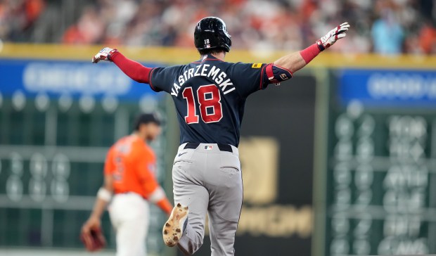 Atlanta Braves' Mike Yastrzemski (18) reacts after hitting a three-run home run off Houston Astros relief pitcher Bryan King during the sixth inning of a baseball game, Sunday, Sept. 20, 2026, in Houston. (AP Photo/Karen Warren)