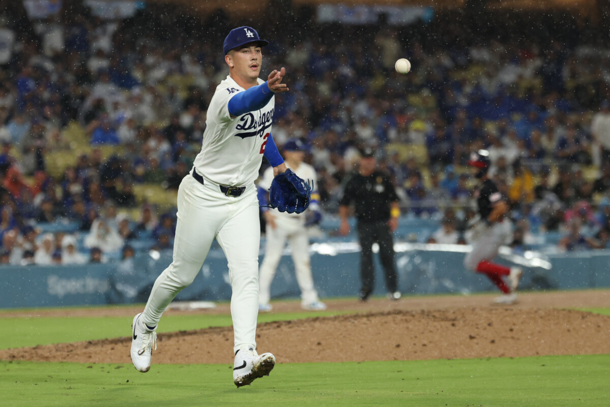 Sep 6, 2026; Los Angeles, California, USA;  Los Angeles Dodgers pitcher Bobby Miller (28) throws to first base during the sixth inning against the Washington Nationals at Dodger Stadium.  Mandatory Credit: William Navarro-Imagn Images
