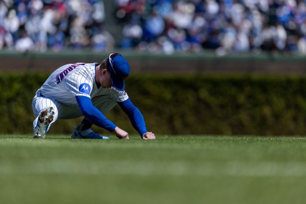 Cubs center fielder Pete Crow-Armstrong stretches ahead of a game against the Arizona Diamondbacks at Wrigley Field on May 2, 2026. (Josh Boland/Chicago Tribune)