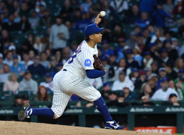 Cubs starting pitcher Shota Imanaga throws against the Marlins in the first inning at Wrigley Field on Sept. 22, 2026, in Chicago. (John J. Kim/Chicago Tribune)