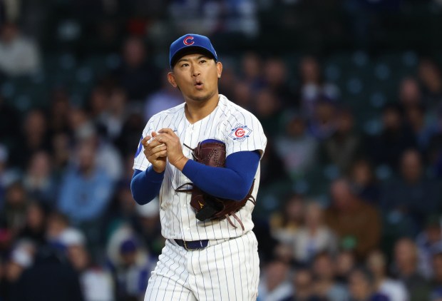 Cubs starting pitcher Shota Imanaga makes a facial expression after hitting Marlins designated hitter Kyle Stowers with a pitch in the first inning at Wrigley Field on Sept. 22, 2026, in Chicago. (John J. Kim/Chicago Tribune)