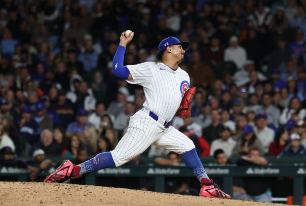 Cubs pitcher Daniel Palencia throws in the eighth inning against the Marlins at Wrigley Field on Sept. 22, 2026, in Chicago. (John J. Kim/Chicago Tribune)