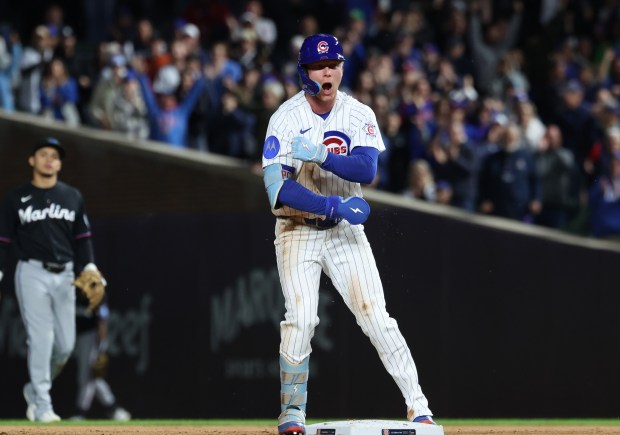 Cubs center fielder Pete Crow-Armstrong celebrates after hitting a double in the ninth inning against the Marlins at Wrigley Field on Sept. 22, 2026, in Chicago. (John J. Kim/Chicago Tribune)