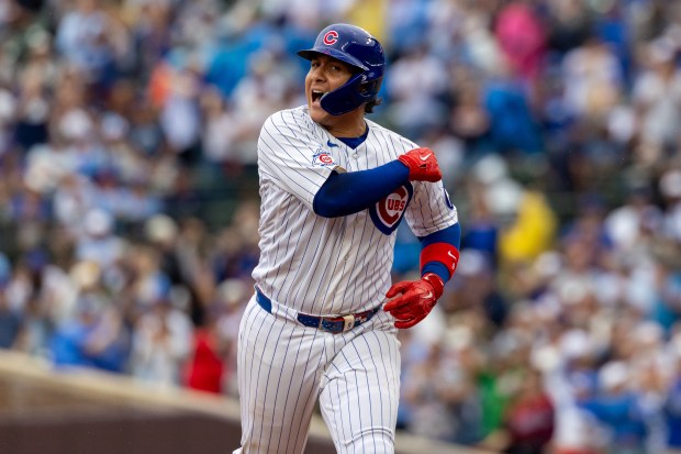 Chicago Cubs catcher Miguel Amaya (9) celebrates hitting a two run home run during the fifth inning of a baseball game between the Pittsburgh Pirates and Chicago Cubs at Wrigley Field on Sunday, Sept. 13, 2026. (Arthur Maiorella/Chicago Tribune)