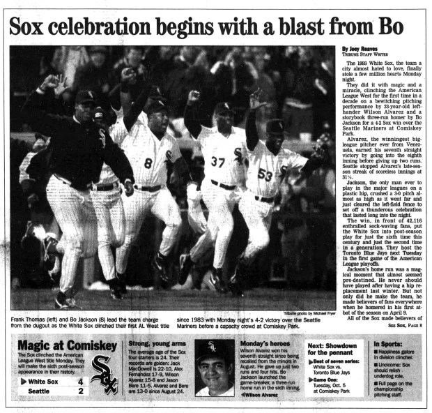 The Chicago White Sox clinched their first American League West title since 1983 with a 4-2 win against the Seattle Mariners on Sept. 27, 1993, before more than 42,000 fans at Comiskey Park. (Chicago Tribune)