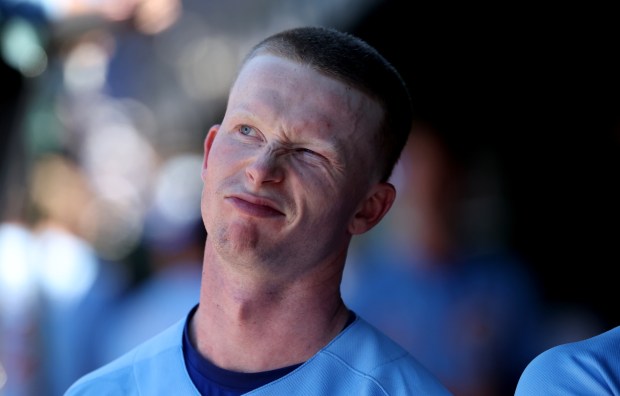 Cubs center fielder Pete Crow-Armstrong makes a face in the dugout in the sixth inning of a game against the Toronto Blue Jays at Wrigley Field on June 19, 2026. (Chris Sweda/Chicago Tribune)