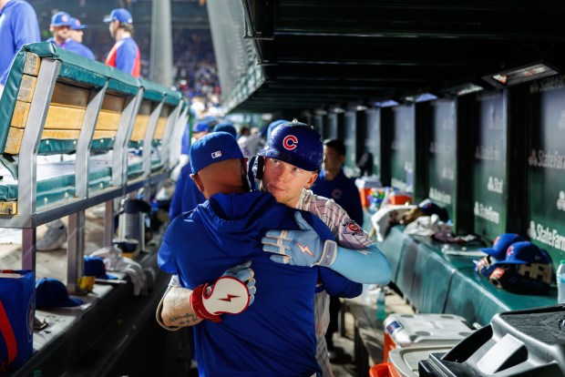 Chicago Cubs center fielder Pete Crow-Armstrong celebrates in the dugout after hitting a solo home run during the seventh inning against the Atlanta Braves at Wrigley Field on Sept. 16, 2026, in Chicago. (Armando L. Sanchez/Chicago Tribune)
