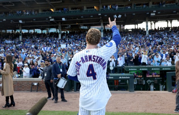 Center fielder Pete Crow-Armstrong acknowledges the fans after the Cubs clinched a playoff spot with a victory over the Marlins on Thursday, Sept. 24, 2026, at Wrigley Field. (Chris Sweda/Chicago Tribune)