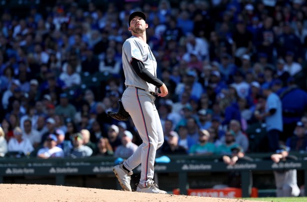 Marlins reliever Jack Ralston watches the flight of a ball that went for a solo home run for Cubs right fielder Seiya Suzuki in the fifth inning Thursday, Sept. 24, 2026, at Wrigley Field. (Chris Sweda/Chicago Tribune)
