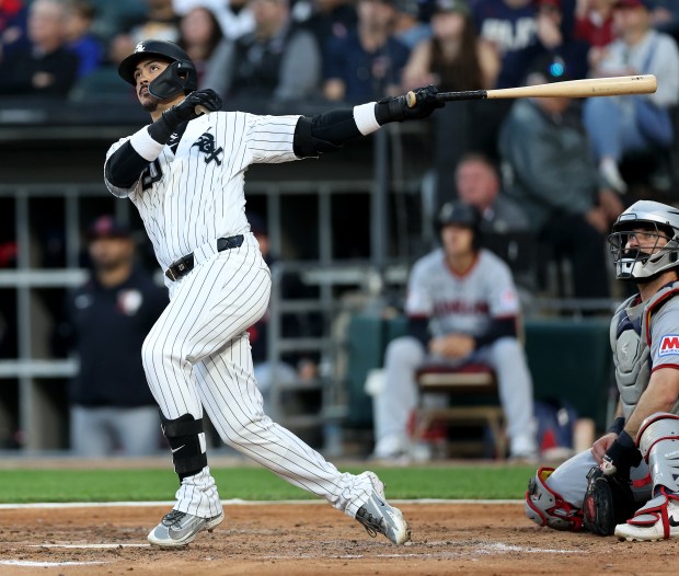 White Sox slugger Miguel Vargas hits a solo home run against the Guardians on June 23, 2026, at Rate Field. (Chris Sweda/Chicago Tribune)