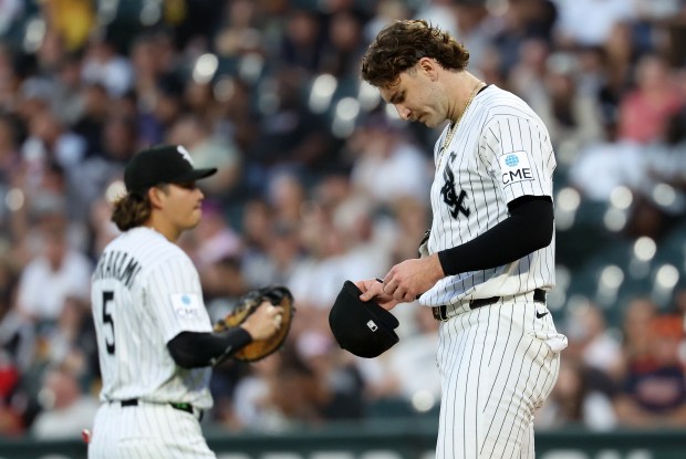 Chicago White Sox starting pitcher Sean Burke (59) stands on the mound during a poor first inning against the Pittsburgh Pirates at Rate Field in Chicago on Sept. 8, 2026. (Chris Sweda/Chicago Tribune)