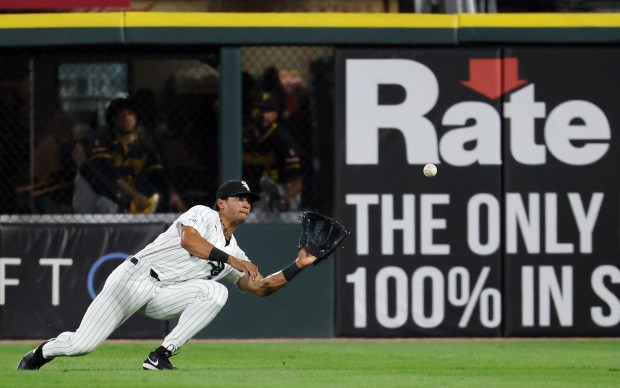 Chicago White Sox right fielder Braden Montgomery (24) makes a catch of a line drive hit by Pittsburgh Pirates second baseman Brandon Lowe in the eighth inning of a game at Rate Field in Chicago on Sept. 8, 2026. (Chris Sweda/Chicago Tribune)