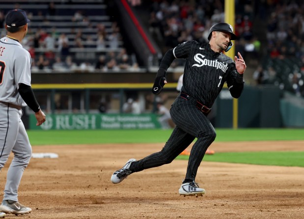 White Sox center fielder Brenton Doyle rounds the bases before scoring on Colson Montgomery's three-run double in the first inning against the Tigers on Sept. 18, 2026, at Rate Field. (Chris Sweda/Chicago Tribune)