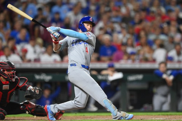 Cubs center fielder Pete Crow-Armstrong strikes out swinging against Reds pitcher Tejay Antone in the eighth inning at Great American Ball Park on Sept. 18, 2026, in Cincinnati. Crow-Armstrong went 0-for-5 with three strikeouts in the Cubs' 6-4 loss. (Tanner Pearson/Getty)