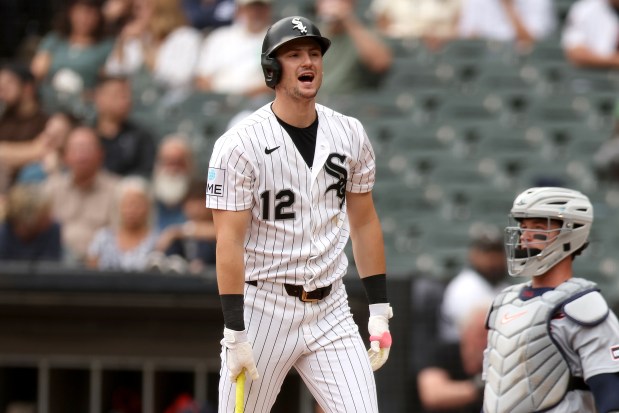 White Sox shortstop Colson Montgomery walks to the dugout after striking out in the second inning against the Tigers on Saturday, Sept. 19, 2026, at Rate Field. (Geoff Stellfox/Getty)