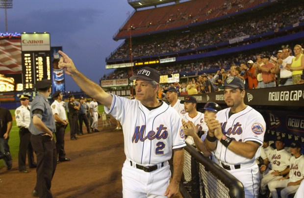 Bobby Valentine and Mike Piazza at Shea Stadium before the Mets game against the Braves on September 21, 2001.