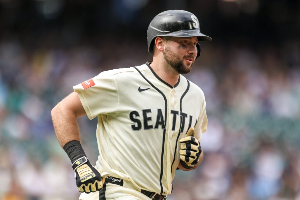 Cal Raleigh #29 of the Seattle Mariners looks on during the ninth inning against the Tampa Bay Rays at T-Mobile Park.