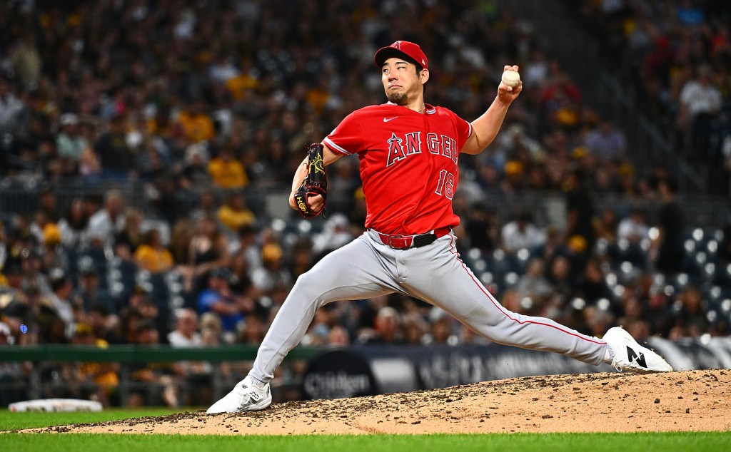 Los Angeles Angels pitcher Shohei Ohtani mid-pitch.