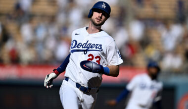 Aug 2, 2026; Los Angeles, California, USA; Los Angeles Dodgers right fielder Kyle Tucker (23) runs to third during the second inning against the Boston Red Sox at Dodger Stadium. Mandatory Credit: Jonathan Hui-Imagn Images