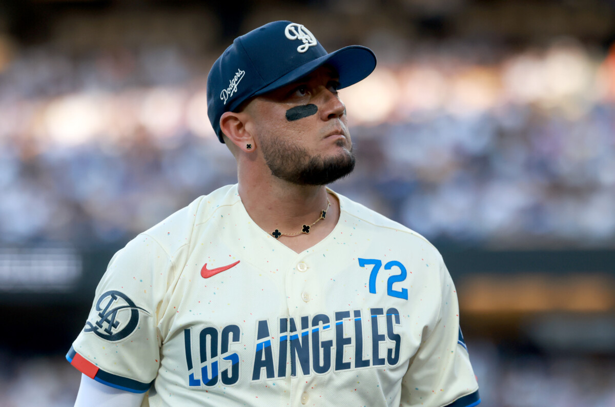 Jun 20, 2026; Los Angeles, California, USA; Los Angeles Dodgers shortstop Miguel Rojas (72) during the first inning against the Baltimore Orioles at Dodger Stadium. Mandatory Credit: William Navarro-Imagn Images