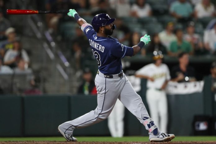 Tampa Bay Rays' Junior Caminero watches his three-run home run during the eighth inning of a baseball game against the Athletics Monday, Aug. 10, 2026, in West Sacramento, Calif. (AP Photo/Scott Marshall)