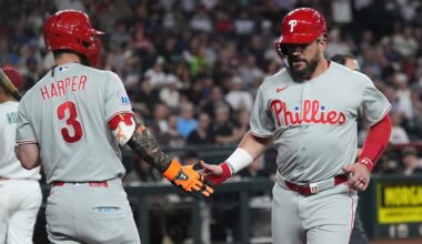 Bryce Harper (left) and Kyle Schwarber each drove in runs in the Phillies' win on Tuesday night in Arizona.