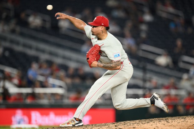 Philadelphia Phillies relief pitcher Jhoan Duran throws during the ninth inning of a game against the Washington Nationals, Wednesday, Sept. 16, 2026, in Washington. (AP Photo/Nick Wass)