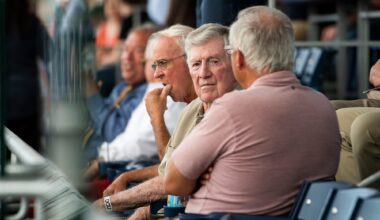 WORCESTER - Former PawSox and Red Sox manager Joe Morgan looks on during the WooSox game against Scranton on Tuesday, August 17,