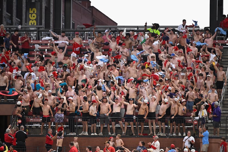 ST LOUIS, MISSOURI - MAY 19: Shirtless fans cheer during the game between the Pittsburgh Pirates and the St. Louis Cardinals in the third inning at Busch Stadium on May 19, 2026 in St Louis, Missouri. (Photo by Joe Puetz/Getty Images)
