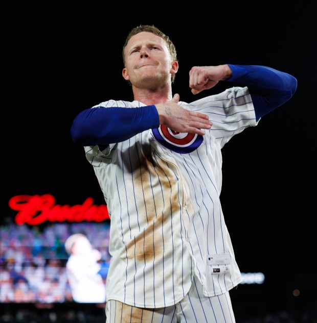 Cubs center fielder Pete Crow-Armstrong celebrates after hitting a walk-off, two-run homer to give the Cubs a 7-5 win against the White Sox at Wrigley Field on Aug. 17, 2026. (Armando L. Sanchez/Chicago Tribune)