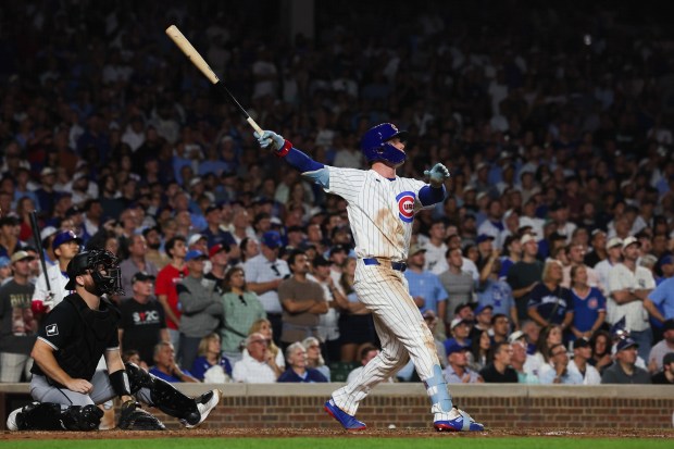 Cubs center fielder Pete Crow-Armstrong hits a walk-off, two-run homer to give the Cubs a 7-5 win against the White Sox during the tenth inning at Wrigley Field on Aug. 17, 2026. (Armando L. Sanchez/Chicago Tribune)
