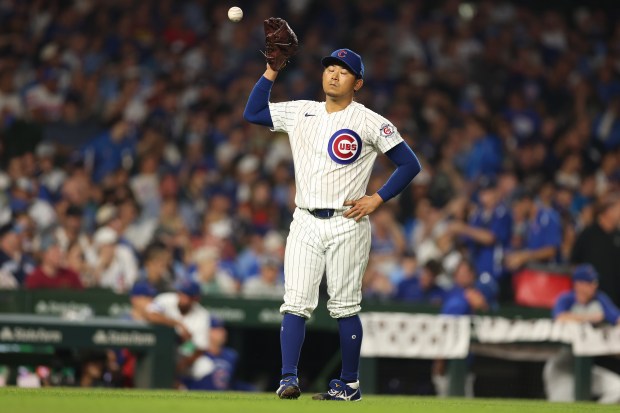 Shota Imanaga of the Chicago Cubs reacts after allowing a home run to Tyler Stephenson of the Cincinnati Reds during the fifth inning at Wrigley Field on Aug. 30, 2026, in Chicago, Illinois. (Photo by Michael Reaves/Getty Images)