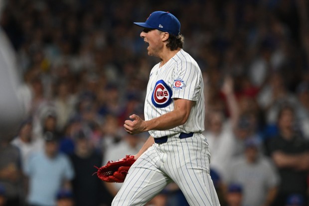 Chicago Cubs closing pitcher Ryan Rolison celebrates after defeating the Milwaukee Brewers in a game at Wrigley Field on Thursday, Sept. 3, 2026. (AP Photo/Paul Beaty)