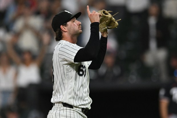 Chicago White Sox closing pitcher Tyler Davis celebrates after his team defeated the Minnesota Twins in a game Sunday, Sept. 6, 2026, in Chicago. (AP Photo/Paul Beaty)