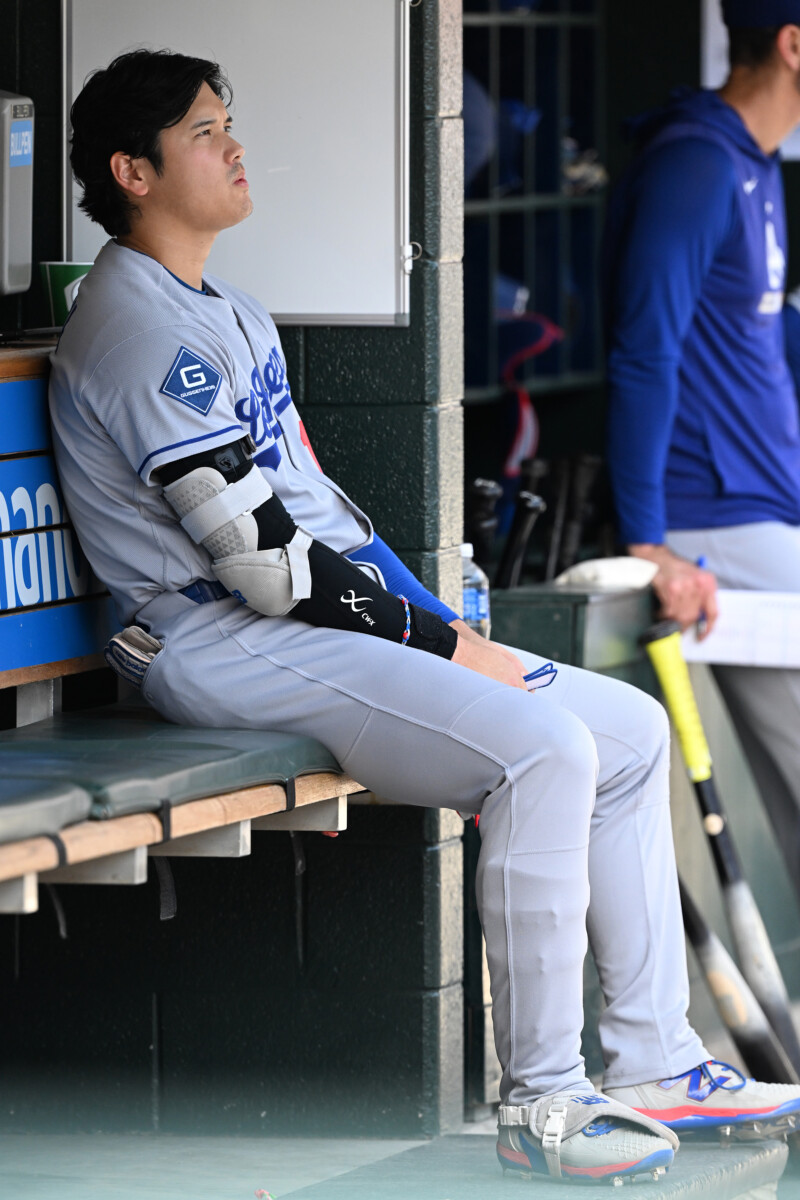 Aug 29, 2026; Detroit, Michigan, USA;  Los Angeles Dodgers designated hitter Shohei Ohtani (17) watches from the dugout in the second inning against the Detroit Tigers at Comerica Park.  Mandatory Credit: Lon Horwedel-Imagn Images