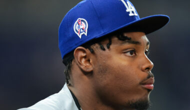 Sep 11, 2026; Miami, Florida, USA; Los Angeles Dodgers designated hitter Josue De Paula (95) looks on before the game against the Miami Marlins at loanDepot Park. Mandatory Credit: Sam Navarro-Imagn Images
