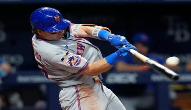 New York Mets' Nick Morabito connects for a three-run double off Tampa Bay Rays pitcher Manuel Rodríguez during the seventh inning of a baseball game Wednesday, Sept. 2, 2026, in St. Petersburg, Fla. (AP Photo/Chris O'Meara)