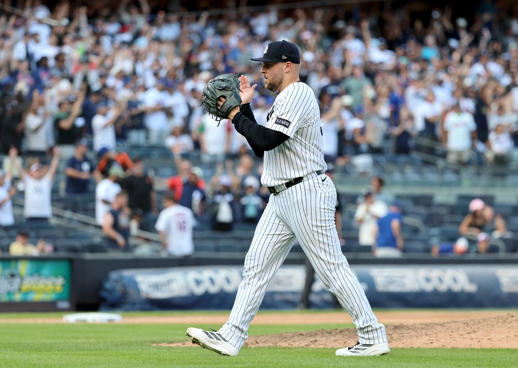 New York Yankees pitcher David Bednar (53) reacts after the final out of the 9th inning.