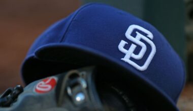 A San Diego Padres hat resting on a glove